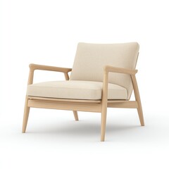 Fototapeta premium A minimalist, cream-colored armchair with wooden legs, designed for comfort and style, suitable for modern interiors.