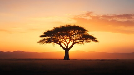 Majestic baobab tree silhouetted against an African sunset, golden and orange sky, iconic and ancient presence 