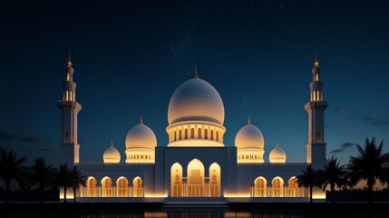 Obraz premium Majestic mosque exterior at night, domes illuminated in soft golden light, surrounded by palm trees under a starry sky 