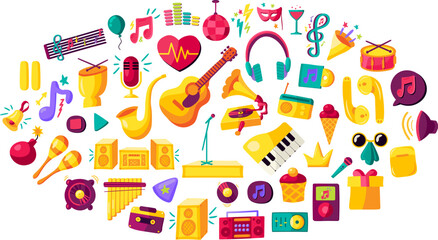 Set of classical and modern musical instruments assembled into large composition. Guitar, drum, saxophone, music scene, piano, melodies, notes and disco elements. Big vector collection