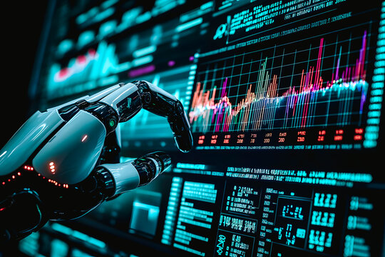 Main de robot montrant un diagramme sur un &eacute;cran d'ordinateur 