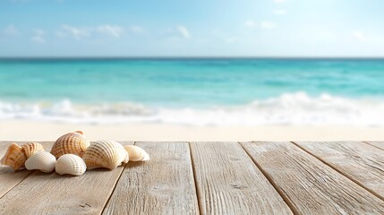 Obraz premium A rustic wooden table with seashells scattered across the surface, blurred tropical beach waves in the background. 