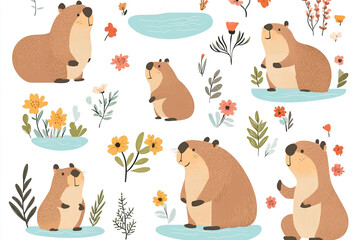 Fototapeta premium Background of a Capybaras in different scenes with flowers.