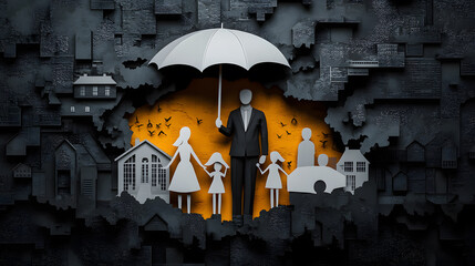 Insurance coverage and protection concept with a family covered with an umbrella. insurance business