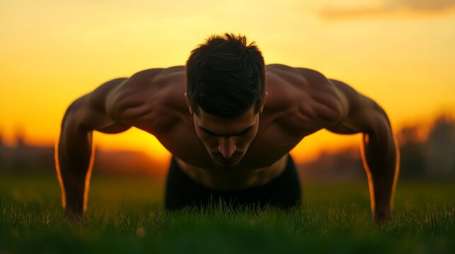 Person doing push-ups on a grassy field at dawn, silhouette effect, symbolizing natural fitness and outdoor workout 
