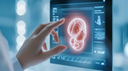 IVF healthcare medical concept, A hand interacts with a futuristic interface displaying a 3D medical scan, highlighting anatomical features in a high-tech laboratory setting.