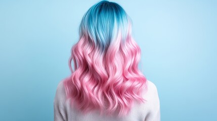 Person with cotton candy blue and bubblegum pink ombre hair, playful and sweet color transition,...