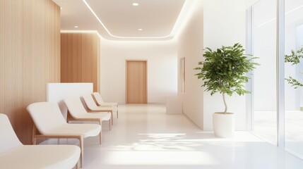 IVF healthcare medical concept, A modern, minimalist waiting room featuring light wood accents, comfortable seating, and ample natural light from large windows.