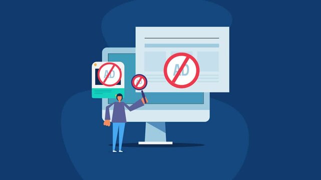 User data privacy and safety, anti-spam and ad block in digital environment conceptual video animation.