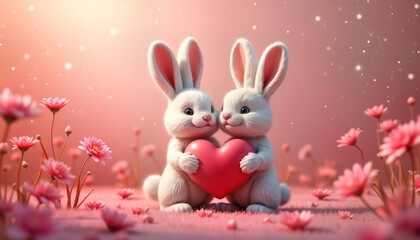 Obraz premium Two cute white rabbits hold big pink heart in romantic pink flower garden. Adorable cartoon animals express love, devotion. Fluffy bunnies with happy expressions symbolize love, affection. Festive,