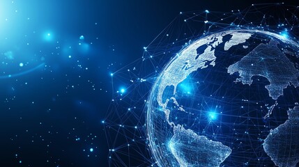 Fototapeta premium Low-poly wireframe globe displaying interconnected glowing nodes, dynamic blue pathways, and futuristic digital connections with a dark blue background.