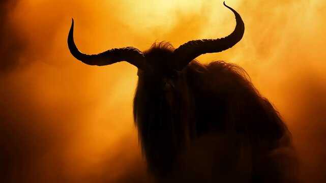 Krampus with goat horns against night dark background with fire and smoke. Demon in hell. Traditional Christmas devil. Halloween, Yule, pagan New Year. Man in costume on masquerade