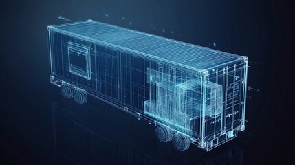 Abstract X-ray scanner analyzing freight containers, displaying glowing cargo shapes on a detailed digital grid with a dark blue background.