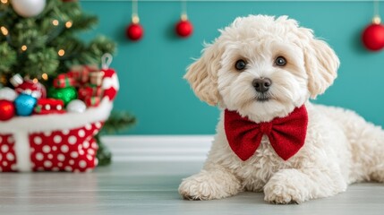 Puppy wearing a big holiday bow, lying next to a Christmas stocking filled with toys, holiday decorations around, festive and cute 
