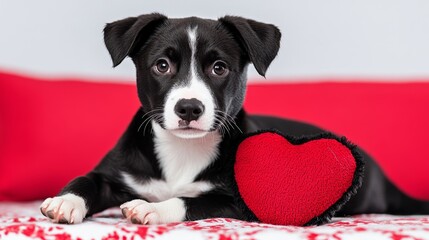 Puppy with heart-shaped paw prints on a blanket, lying next to a stuffed heart toy, innocent and playful Valentine&rsquo;s theme 