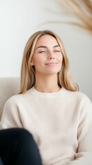 Naklejka premium IVF healthcare medical concept, A serene woman with long hair sits comfortably, exuding calmness and contentment in a cozy indoor setting.