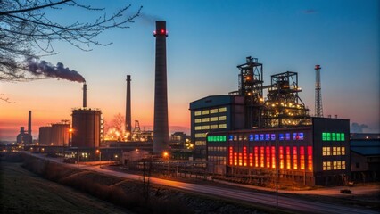 Colorful industrial complex at dusk with smoke stacks and vibrant lights illuminating the factory