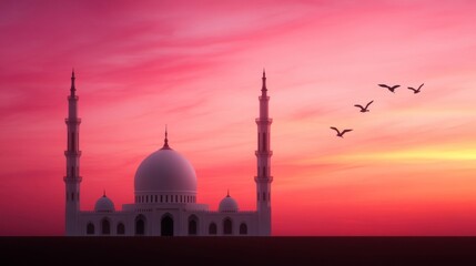 Fototapeta premium Silhouette of mosque dome and minarets against a pink and orange dawn sky, birds flying around, peaceful early morning scene 