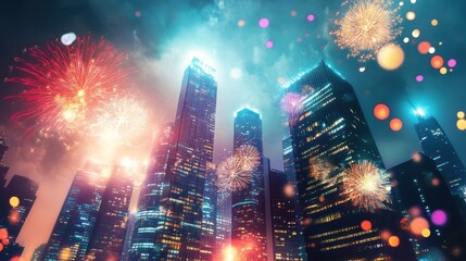Fototapeta premium A vibrant cityscape illuminated by fireworks, creating a festive atmosphere.
