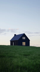 Nordic-inspired lone house standing quietly on a green hill, house on the hill. 