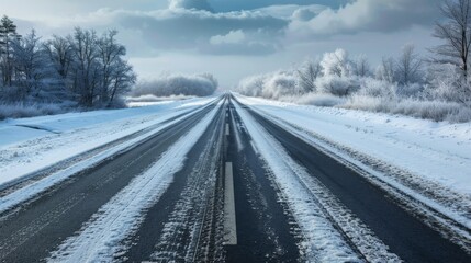 Obraz premium Straight asphalt road covered with snow and ice