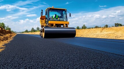 Yellow road roller compacts fresh asphalt. Ideal for construction, infrastructure, and engineering projects.