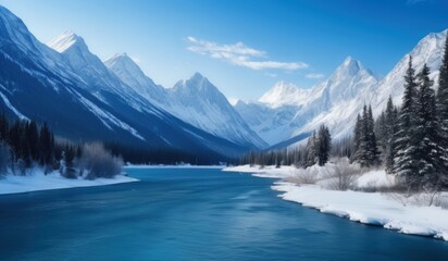 mountains and trees are in the background of a river and snow