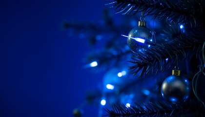 Fototapeta premium A festive winter night sky adorned with colorful fireworks, a sparkling Christmas tree, and twinkling stars