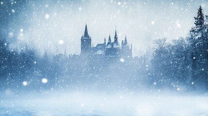 Obraz premium A snow-covered castle shrouded in mist, creating a mystical winter atmosphere.