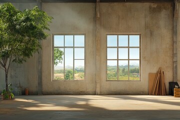 Obraz premium Natural light floods a spacious room with large windows showcasing a scenic outdoor view