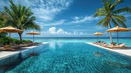 Tropical luxury infinity pool by the ocean, palm trees, clear blue sky, relaxing resort view, vacation paradise, peaceful getaway, tranquil waterfront retreat