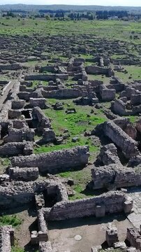 Aerial view of Ugarit's ruins an ancient city-state in Syria on a sunny day, vertical video.