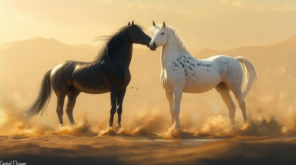 Fototapeta premium Majestic black and white horses meet in a golden desert landscape at sunset. Generative AI