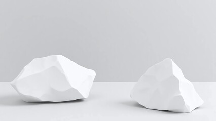 Minimalist digital artwork with stone fragments on grey background