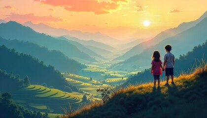Obraz premium Two children stand hand-in-hand on hilltop overlooking stunning rice paddy landscape. Sunrise paints mountains in warm colors. Scene evokes togetherness, beauty of nature. Serene image of kids