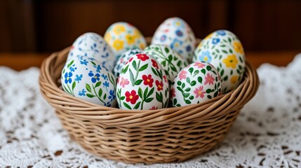 Fototapeta premium Vintage wicker basket filled with hand-painted Easter eggs, delicate floral designs in muted tones, surrounded by lace doilies, classic Easter feel 