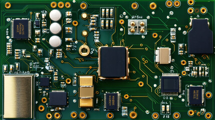 Fototapeta premium High resolution close up of green printed circuit board featuring various electronic components, including capacitors, resistors, and microchips, showcasing intricate details