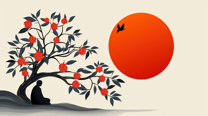 serene minimalist artwork featuring person meditating under flowering tree, with vibrant red sun and bird in sky, evoking tranquility and harmony