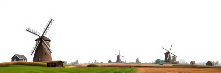 Hyper realistic photo showcasing a picturesque rural landscape in Germany, featuring windmills on a white background, with ample copy space for text, rural,  landscape