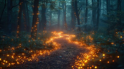 Fototapeta premium Enchanted forest pathway illuminated by glowing orbs at twilight in a mystical woodland setting. Generative AI