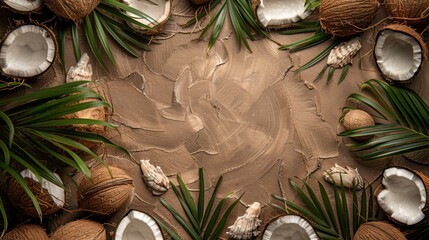 Tropical Paradise: A vibrant flat lay featuring coconuts, palm leaves, and seashells, creating a frame around a brown textured background, evoking a sense of tropical paradise and summer escape. 
