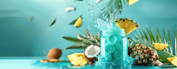 Tropical Escape: A refreshing blue tropical cocktail with ice cubes and pineapple and coconut slices splashed in fresh water, capturing the essence of summer vacation.
