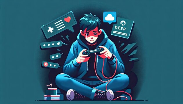 Teenage boy struggling with gaming addiction and digital dependence awareness