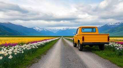 Yellow truck parked on a dirt road lined with daffodils and tulips, fields of wildflowers stretching into the distance, cheerful spring vibe 