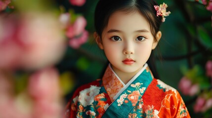 Young Asian child in a colorful hanbok, standing in a peaceful garden with blooming flowers, traditional and joyful vibe 