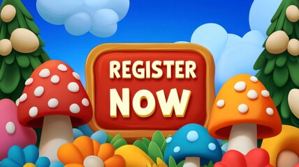 Register sign and signup conceptual. A colorful, whimsical scene featuring mushrooms and flowers with a prominent "REGISTER NOW" sign, inviting engagement in a playful setting.