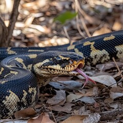Obraz premium Scrub python (Simalia kinghorni) flicking tongue. Wooroonooran National Park, Queensland Austalia