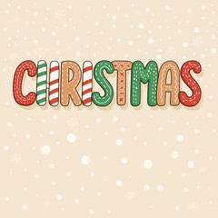 Festive Christmas text illustration with gingerbread-style lettering in red, green, and white, surrounded by a soft snowfall pattern on a beige background. Perfect for holiday designs and decorations