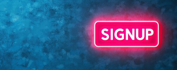 Register sign and signup conceptual. A neon "SIGNUP" button illuminated against a textured blue background, inviting users to register or join a service.