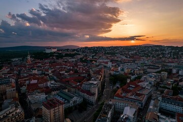 Aerial view of Bratislava at sunset.